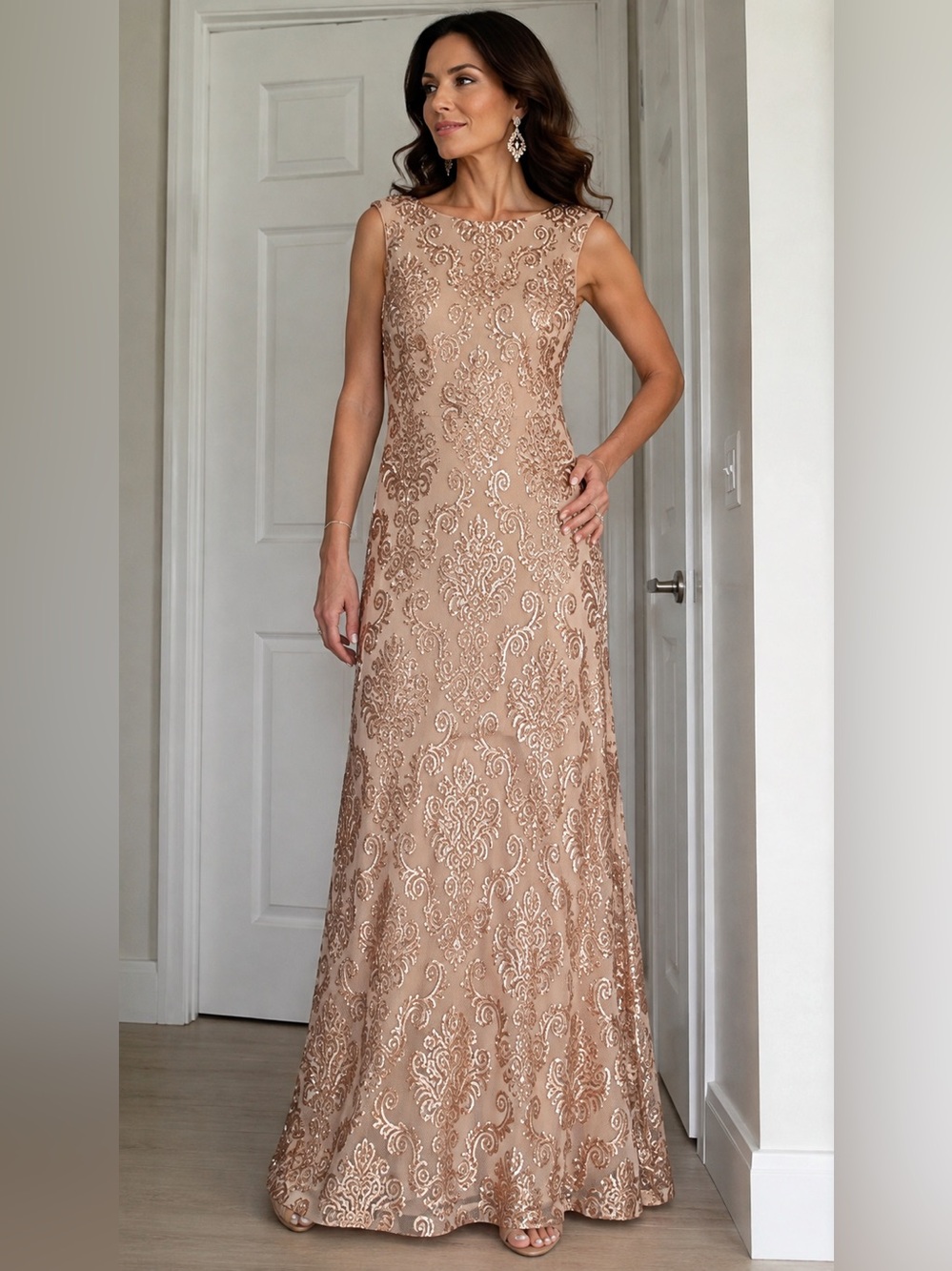 NWT Vince Camuto Rose Gold Sequin Formal Gown Maxi Dress Size 12